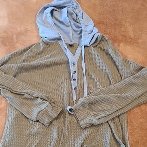 Shein Hooded Waffle Knit Green/gray Top